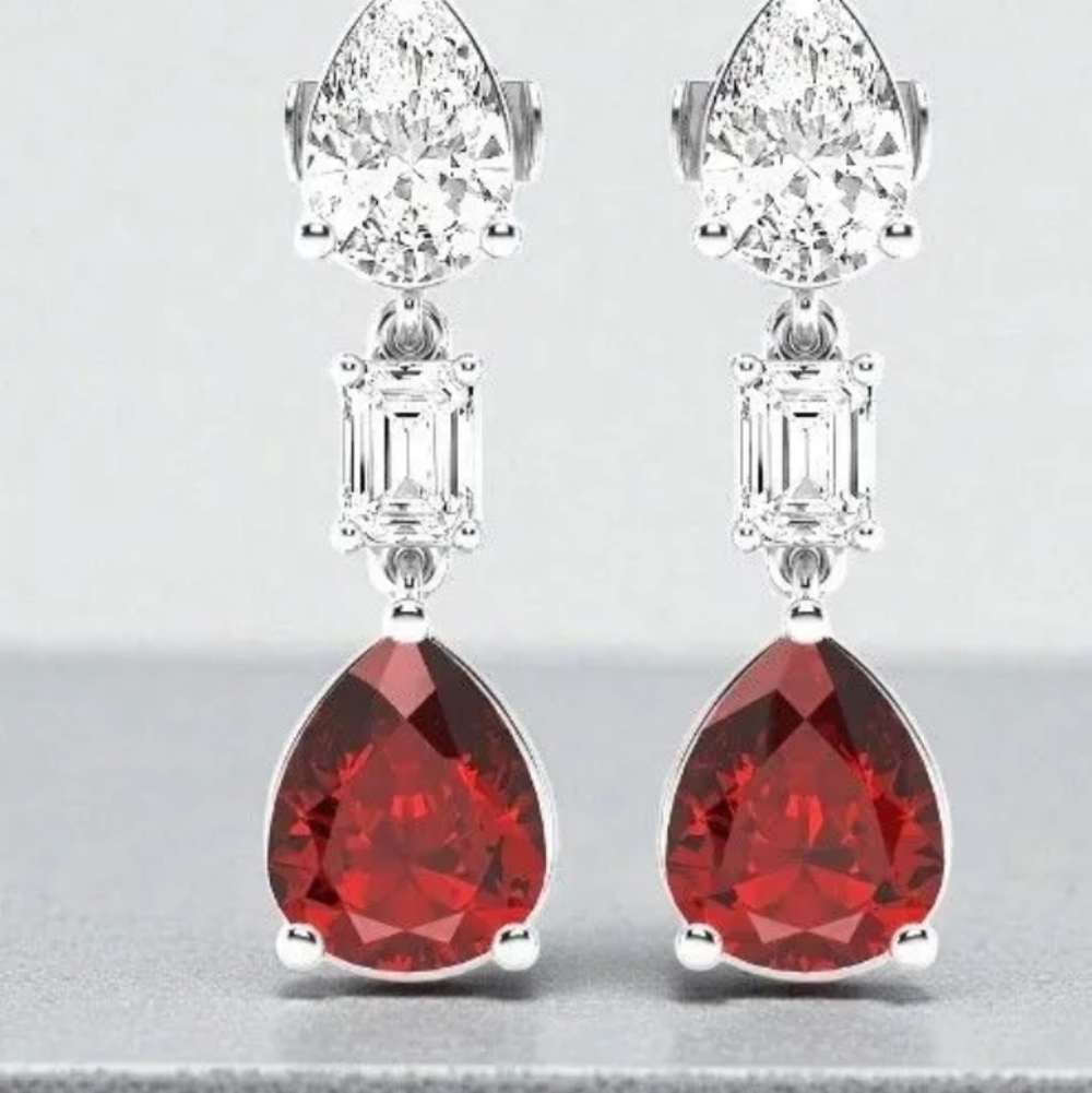 Authentic Genuine Ruby & Diamond Drop Earrings w/ Certificate 14K Gold⁠